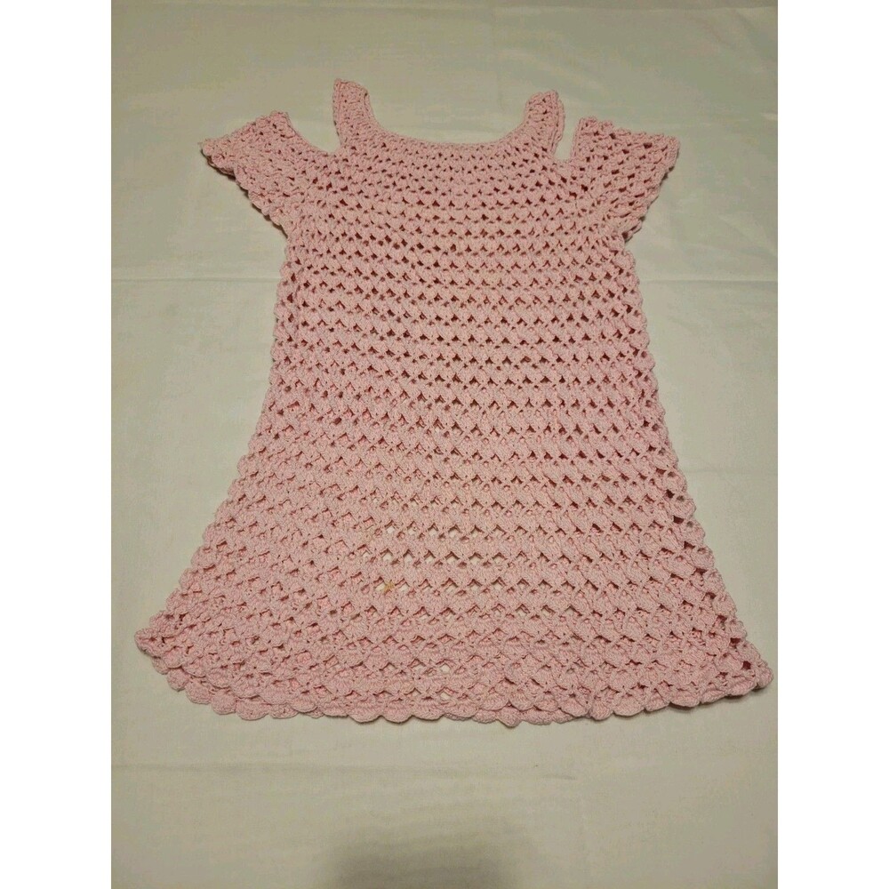 Handmade Pink Crochet Girls A-Line Knee Length Dress Sleeveless Square Neck